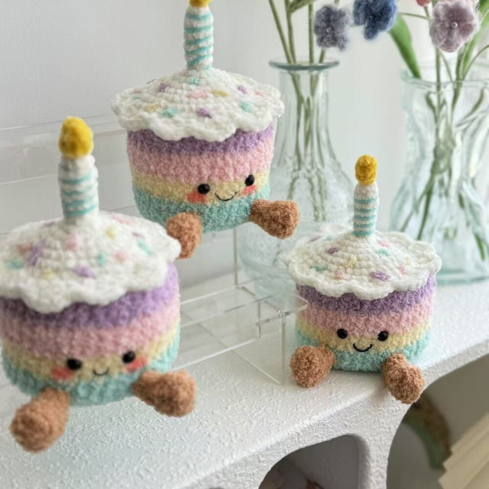 Colorful Crochet Birthday Cake Doll – Cute Handmade Party Decoration