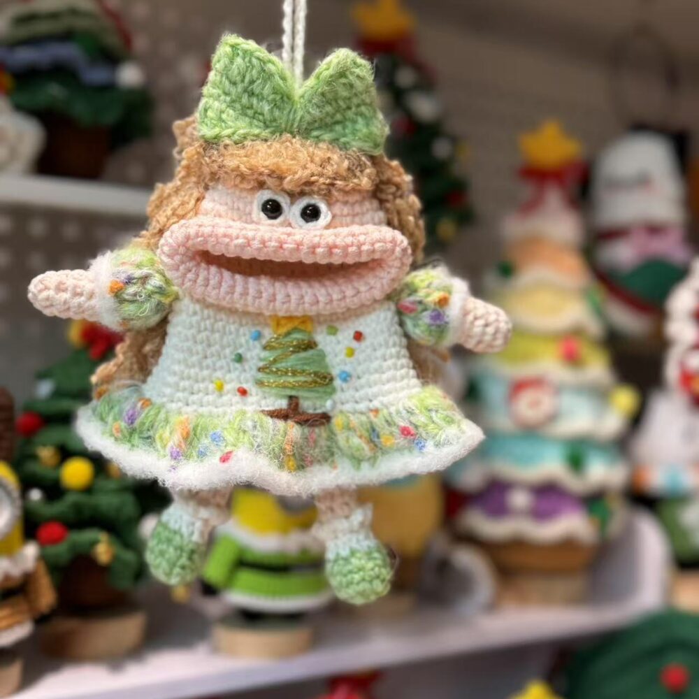 Funny Knitted Christmas Doll with Big Smile – Handmade Hanging Ornament